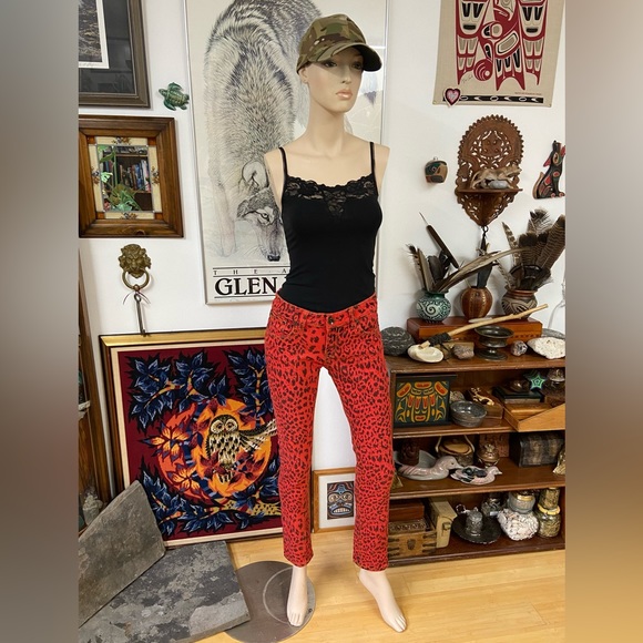 Orangish-Red Skinny Jeans with Black Leopard Spots - Picture 6 of 11